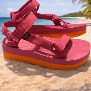 Teva Women's Pink Strap Platform Sandals with Orange Sole
